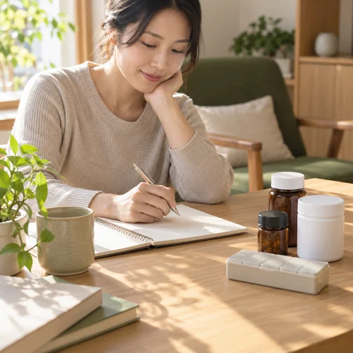 약 용기와 공책을 앞에 두고 기록하는 성인 장면을 표현한 AI 생성 예시 · 출혈 이력과 침 상담 안내